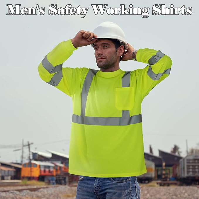 Amylove 4 Pcs Long Sleeve Safety Shirt High Visibility Reflective Construction Work Shirts for Men Women (L,Yellow)