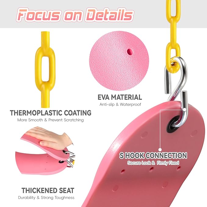 SEKKVY 2 Pack Swing Seats with 66" Heavy Duty Chains, Swing Set Accessories Replacement with Snap Hooks, Toddler Swings Supports 250 lbs for Outdoor Backyard Playground, Indoor Swing for Kids, Pink