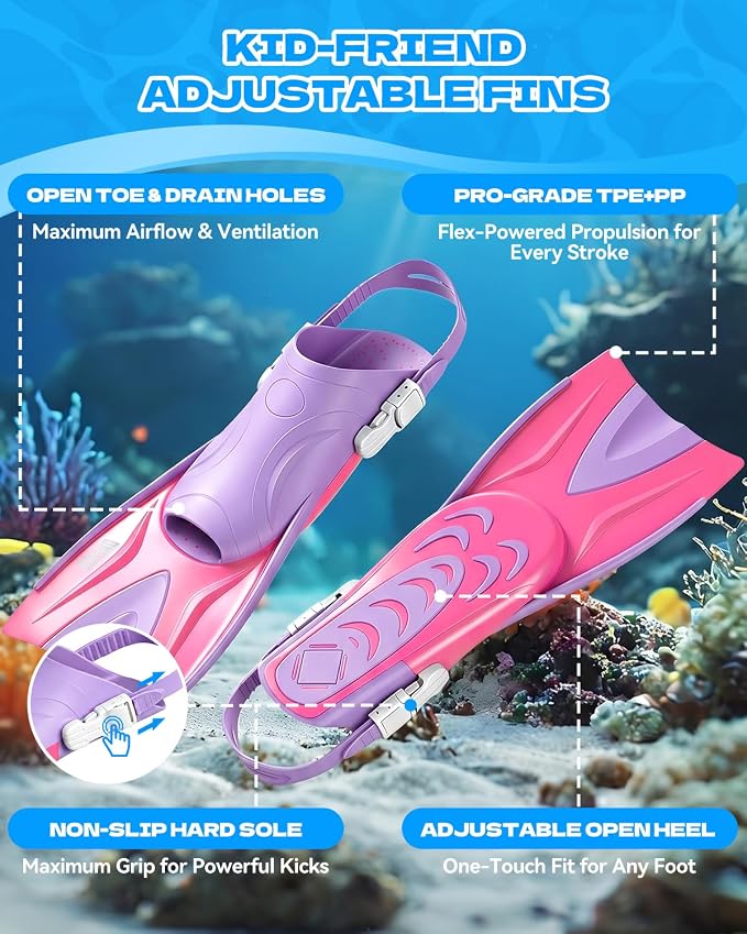 Aegend Snorkeling Gear for Kids Youth – 4-in-1 Snorkel Set with Anti-Fog Mask, Dry Snorkel & Adjustable Fins for Swimming, Diving, Snorkeling, Beach Vacation – Includes Travel Mesh Bag