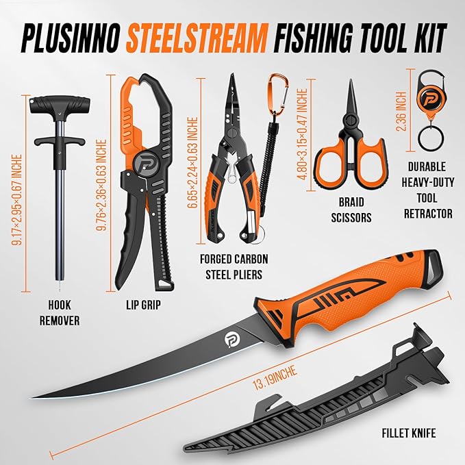 PLUSINNO Fishing Gear, Fishing Tools Kit, 7pcs Fishing Accessories, Corrosion Resistant Fishing Pliers, Fish Knife, Fish Lip Gripper, Fishing Gifts for Men