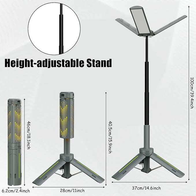 Rechargeable Camping Lights with Stand - Telescopic Cordless Work Lights with 3 LED Lamp Heads, Dimmable Emergency Tripod Flashlight, Portable Outdoor Lantern for Garage Power Outages Fishing