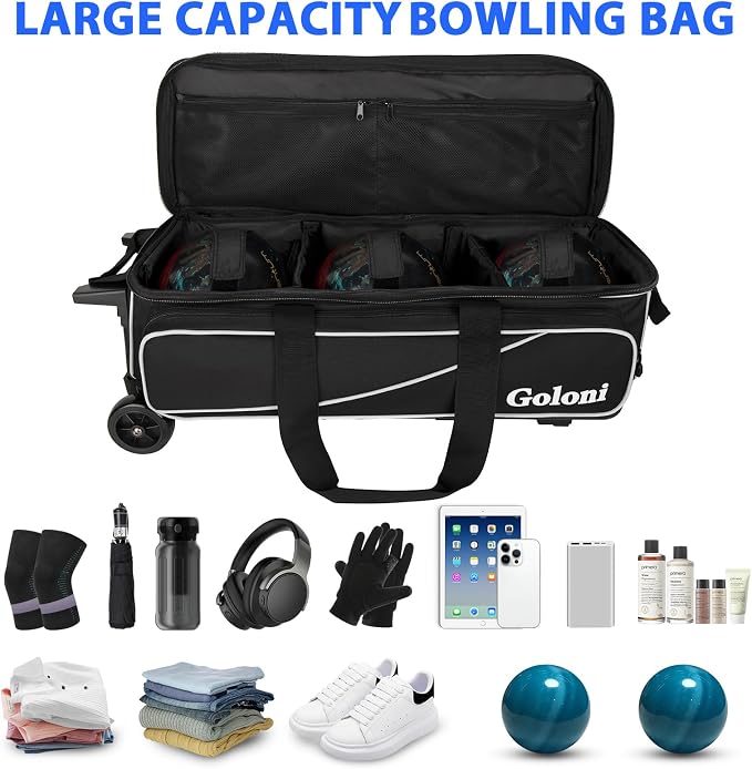 Goloni 3 Ball Bowling Bag with Wheels, Rolling Bowling Roller Bag with Retractable Handle for Balls & Bowling Accessories