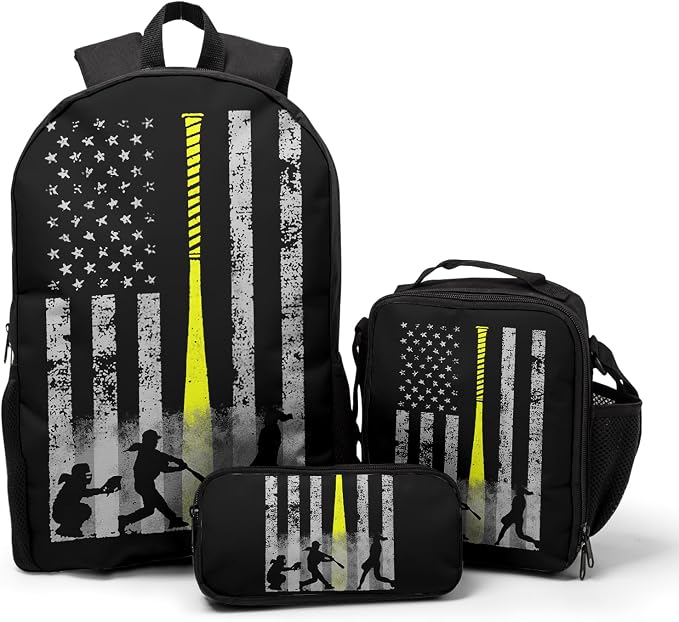 Giwawa Baseball American Flag Backpack Set 3 Pcs Patriotic USA Sporty Lightweight Bookbag Insulated Lunch Box Organizer for Athletes Students Sports Events Study Back to School Day Travel