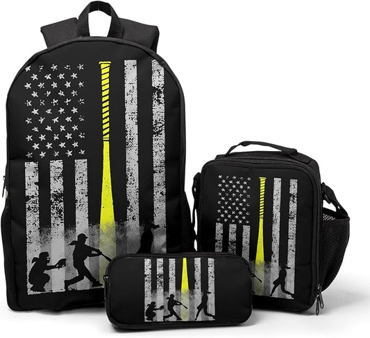 Giwawa Baseball American Flag Backpack Set 3 Pcs Patriotic USA Sporty Lightweight Bookbag Insulated Lunch Box Organizer for Athletes Students Sports Events Study Back to School Day Travel