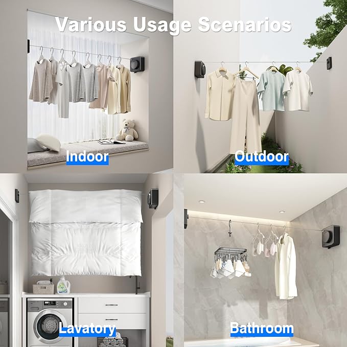 MUSTORN Retractable Clothesline Indoor, Non-Sagging Outdoor Clothes Line Retracting Heavy Duty Clothes Drying Laundry Line Wall Mounted Stainless Steel Line-15.1 Feets(Black)