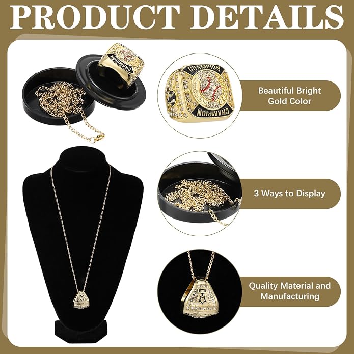 Landical 12 Pcs Baseball Championship Rings Ball Games Championship Trophy Rings Sport Ball Award Gift with Display Neck Chain and Stand for Tournament or Champion Winner