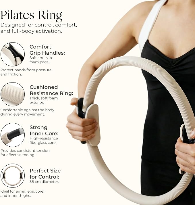Pilates Kit for Home Workouts with 14” Pilates Ring Pilates 8” Mini Ball with and 3 Booty Bands Set, Pilates Essentials Kit for Women with Guided Workout Video, Home Pilates Equipment.(Beige)