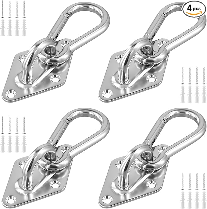 SEUNMUK Heavy Duty Hammock Hooks Hanging Kit, 4 PCS M10 Stainless Steel Pad Eye Hooks and 4 PCS M10 Snap Hooks with Screws for Swing Chairs Hanger, Wall or Ceiling Mount