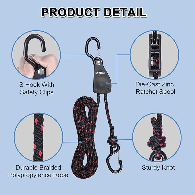 2PCS Kayak Rope Tie Down Ratchet Straps 1/4" ×12' Bow and Stern Tie Down Kayak with Safety S Hook Heavy Duty Ratchet Rope Black