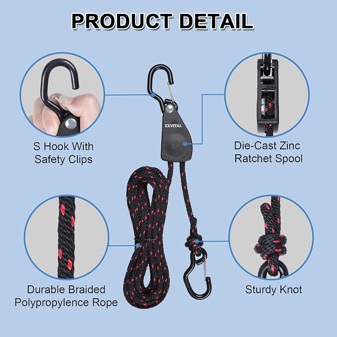 4PCS Kayak Rope Tie Down Ratchet Straps 1/4" ×12' Bow and Stern Tie Down Kayak with Safety S Hook Heavy Duty Ratchet Rope Kayaks and Canoe Accessories Black