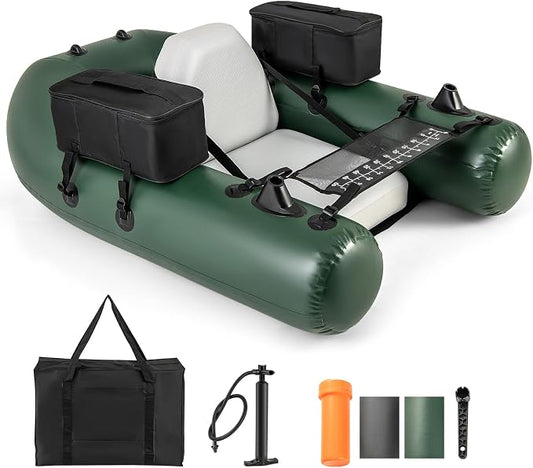 Goplus Inflatable Float Tube, Fishing Belly Boat with Fish Ruler, 2 Detachable Storage Bags, Pump, Carry Bag, PVC Fish Boat w/Reinforced Drop Stitch Core for Rivers Lakes Angling, 352LBS Load Capacity