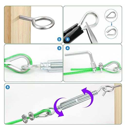 50Ft Clothes Line Outdoors, Green PVC Coated Steel Cable Clip Kit, Multi-use Turnbuckles for Cables Wires/Clothesline Wire/Grape Vine/String Light Hanging Kit