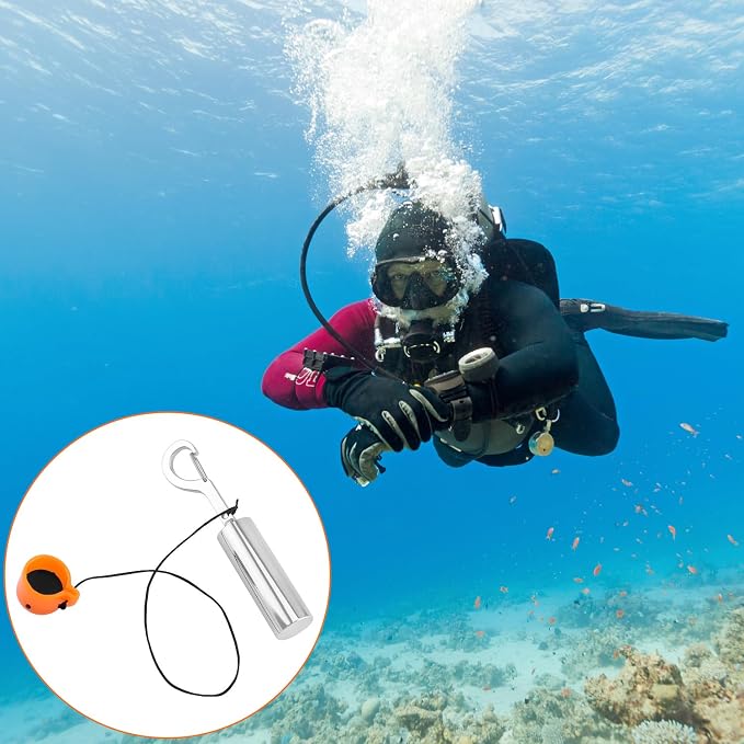 QWORK Scuba Diving Underwater Shaker with Clip, Non-Corrosive Metal Rattle Stick, Compact Safety Signal Bell for Scuba Gear Accessories - Includes Protective Quiet Cover for Marine Life Conservation