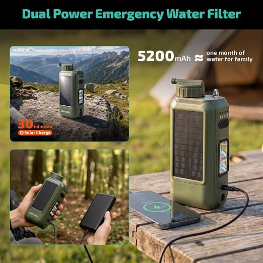 Swonder Portable Electric Water Filter – 0.01 Micron Camping Water Purifier with Solar & 5200mAh Battery, 4-Stage Filtration System for Hiking, Emergency, Survival