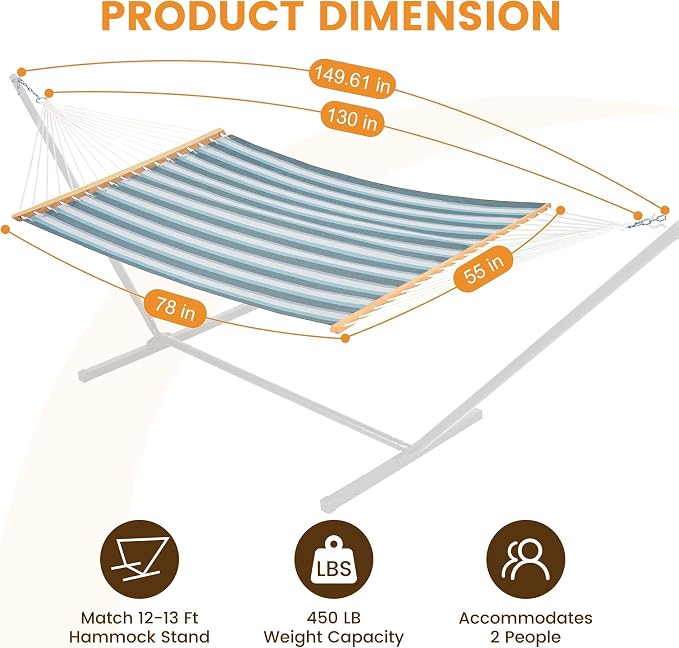 Lazy Daze Hammocks Quick Dry Hammock with Spreader Bar Textliene Fabric Double 2 Person Hammock with Chains Outdoor Patio Poolside Backyard Beach 450 lbs Capacity, Blue White Stripes