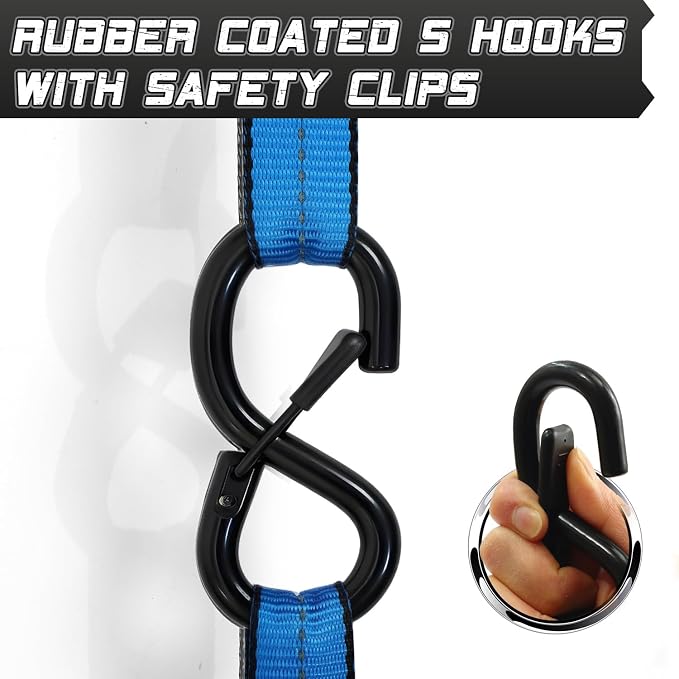Motorcycle Tie Down Strap (4PK 1.0INX15FT) - 2,100lb Break Strength, Premium Ratchet Tie Down Straps Set, Soft Loop Ratchet Straps for Moving Appliances, Lawn Equipment, Cargo Straps for Trucks