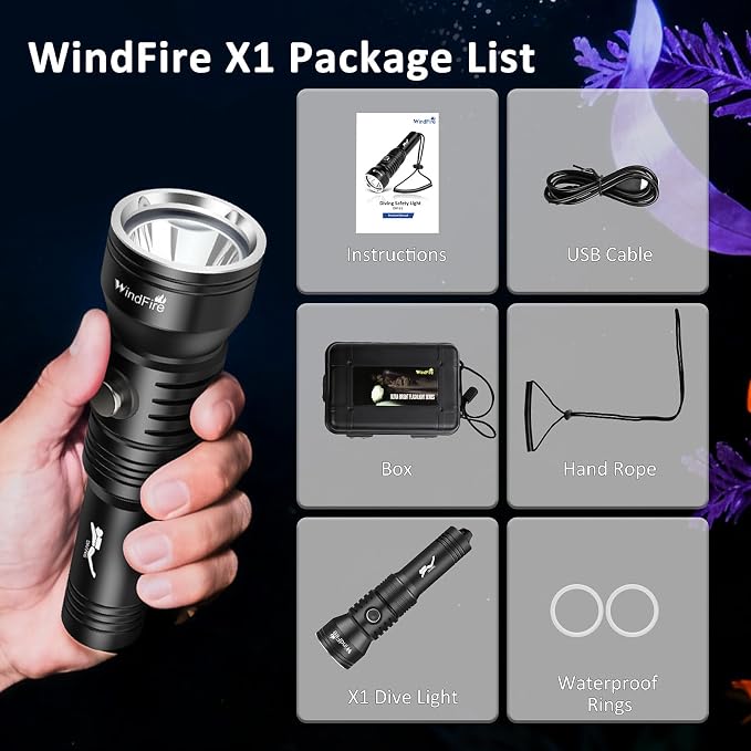 WINDFIRE Dive Light Scuba Diving Flashlight, IPX8 Waterproof 210 Feet Underwater Flashlight with Power Indicator & 4 Modes, Aluminum Submersible Torch for Deep Sea Diving and Snorkeling