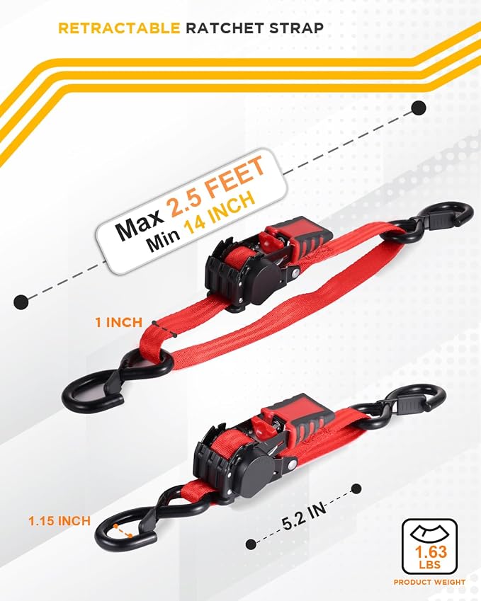 Strapinno Retractable Ratchet Straps - 1 in x 2.5 ft Heavy Duty Adjustable Boat Transom Tie Down, 2PCS, 2400lbs Breaking Strength, Safety S Hooks, for Boat, Jetski, Seadoo, Waverunner, and PWCs (Red)