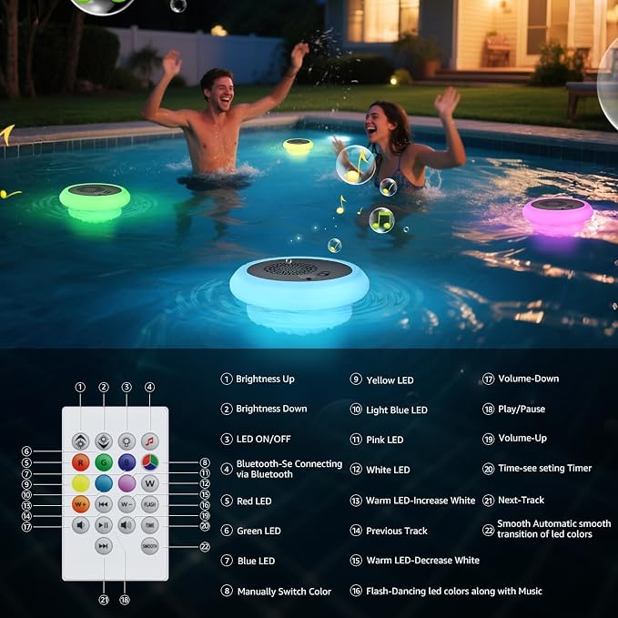 2-Pack Floating Pool Speaker with Lights LED Show Water-Resistant Portable Floating Pool Lights USB Rechargeable Cordless with Remote for Swimming Pool Beach Outdoor
