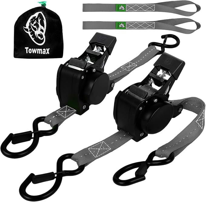 Retractable Ratchet Straps (Patented-2pack) - 1 inch x 10Feet (1,800lb Break Strength) Auto Self Retracting Tie Down Straps - Self Retractable Straps with Refletcive for Motorcyle, Truck or Cargo