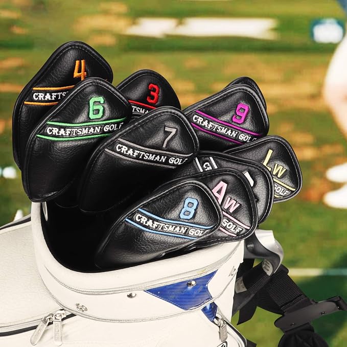 CRAFTSMAN GOLF 12pcs or 1pc Black Leather Golf Iron Head Covers Set Headcover Colorful Number Embroideried for Callaway Ping Taylormade Cobra Also Custom Version w/Your Name