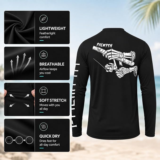 Palmyth Fishing Shirts for Men Long Sleeve UPF 50+ T Shirt Sun Protection | Quick Dry, Sun Protection, Myth-Cool Fabric, Fish Print, Moisture Wicking, Stretchy, Breathable, Fishing,Boating,Outdoor Wear