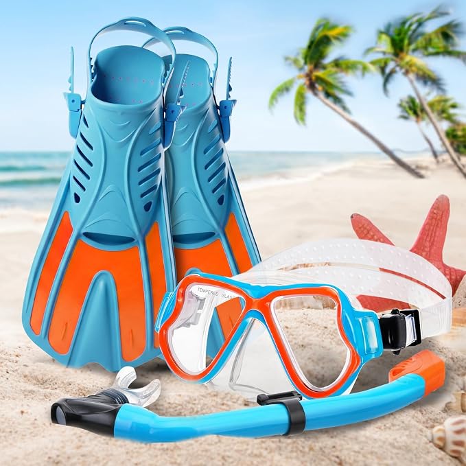 Snorkeling Gear for Kids, 4 in 1 Child Mask Fins Snorkel Set with Panoramic View Anti Fog Mask, Dry Top Snorkel, Trek Fins and Travel Bag, Kids Snorkeling Set with Fins for Snorkeling Swimming