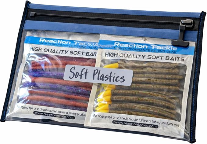 Reaction Tackle Waterproof Clear Tackle Bags, Dive Rated Zipper Submersion Proof Storage for Soft Plastics and Lures, Gusseted and Flat for Boats and Kayaks (2-Pack)