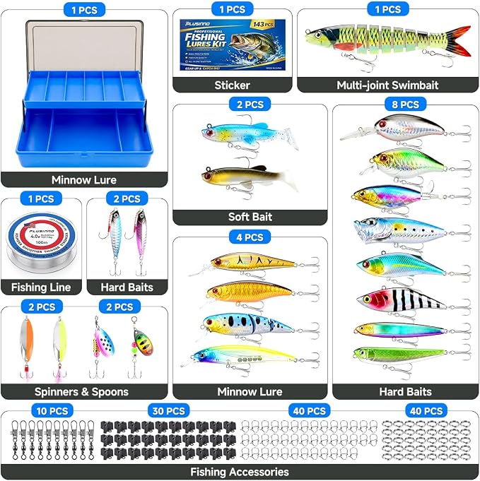 PLUSINNO Fishing Lures Kit Tackle Box, Premium Fishing Bait Set for Bass, Trout, Crappie, Walleye, Fishing Gear Accessories Kit for Freshwater & Saltwater, Fishing Gifts for Men