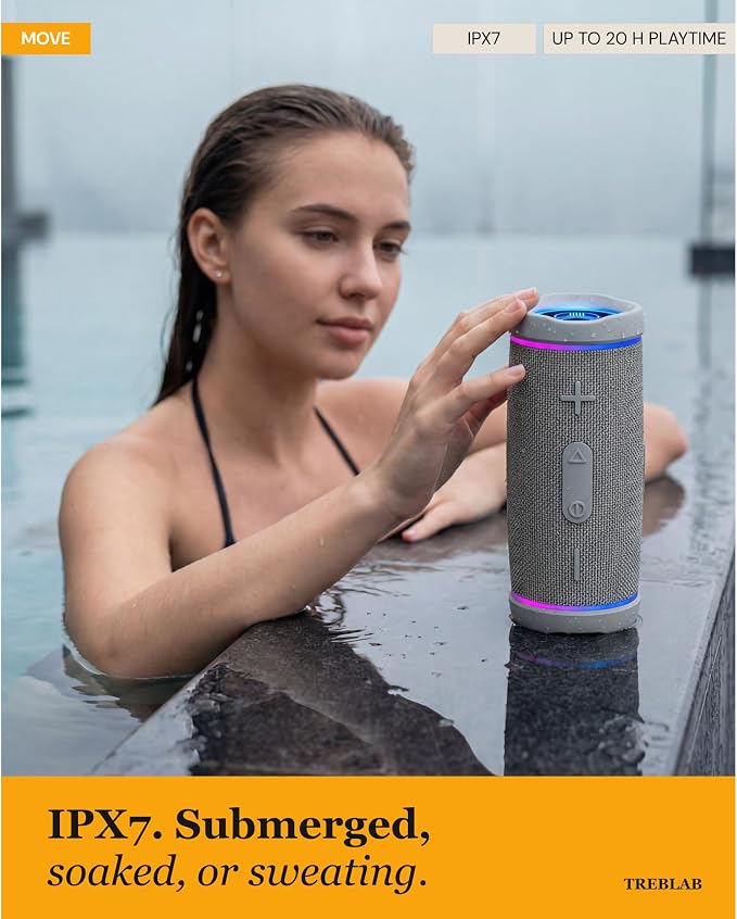 TREBLAB HD77 – Waterproof Bluetooth Speaker, 30W Loud 360° Sound, Deep Bass, IPX7, TWS Pairing, RGB Lights, 20H Battery, Portable Wireless Speaker for Outdoor, Beach, Camping, Party, Travel