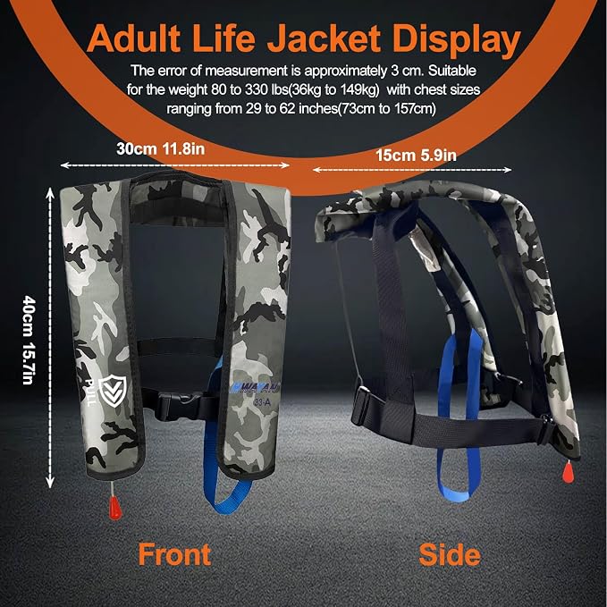 Automatic Inflatable Life Jacket | Inflatable PFD Jackets for Adults|Kayak Life Vest | for Outdoor Water Sports | Fishing Sailing | Jet Skiing | Supports up to 330 lbs