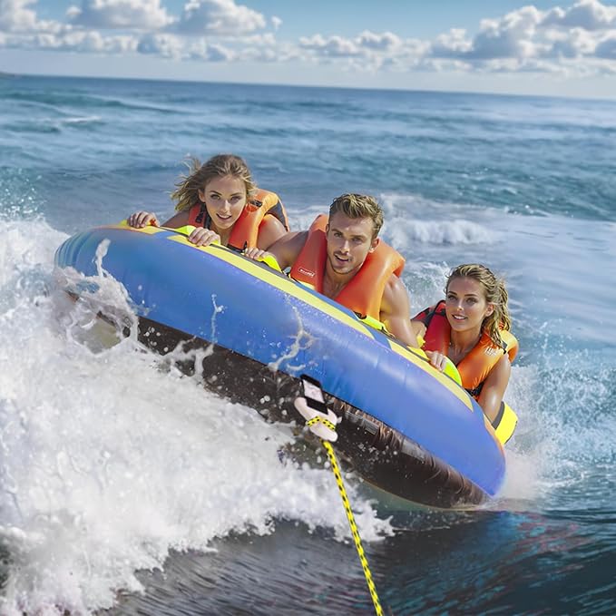 VEVOR Towable Tubes for Boating, 1-4 Riders Inflatable Boat Tubes & Towables, 340-680 lbs Capacity, Multiple Sizes with Full Nylon Cover, Padded/EVA Handles, Fins & Safety Valve (Multi-Option)
