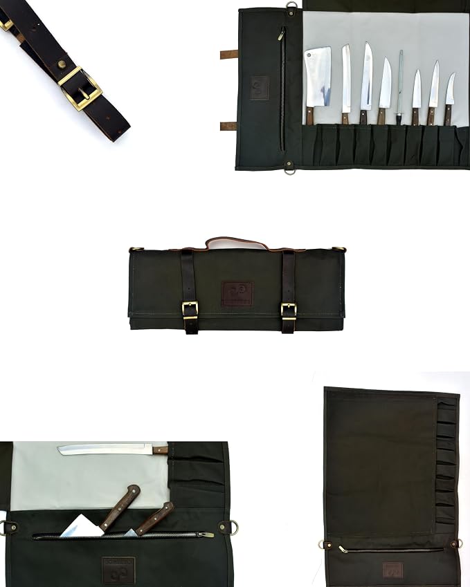 EVERPRIDE Stunning Waxed Canvas Roll Bag in Rich Dark Green w Genuine Leather Trim. Handsome Professional Chef Knife Roll Bag with upto 14" Knives and Storage Compartments A Super Gift