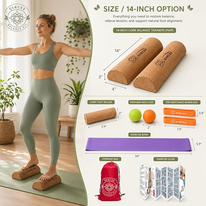 Foot & Ankle Strengthener Kit Cork 4-in-1 Balance Board with Accessories | Foot strength trainer kit, improves balance, ankle stability training, mobility exercise tool, toe resistance bands included