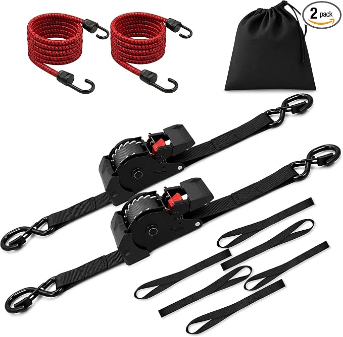 Retractable Ratchet Straps (2 Pack) - 1" x10 ft Heavy Duty with Auto Retract, Safety Lock Hooks & 1650 lb - Soft Loops + Bungee Cords for Truck, Trailer, Motorcycle, ATV, UTV, Moving