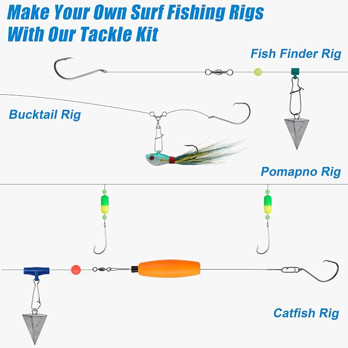 SILANON Saltwater Surf Fishing Tackle Kit,174pcs Ocean Saltwater Fishing Gear Surf Fishing Rigs Saltwater Lures Bucktail Jigs Pyramid Sinkers Fishing Floats Hooks Swivels Surf Fishing Accessories