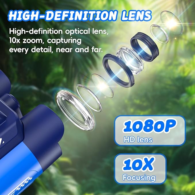 Binoculars for Kids with Night Vision, 2.4" HD Screen & 10X Zoom for Photo and Video - Outdoor Adventure Binoculars Bird Watching, Camping, Hiking, Gifts for Kids Ages 4+ (Blue)