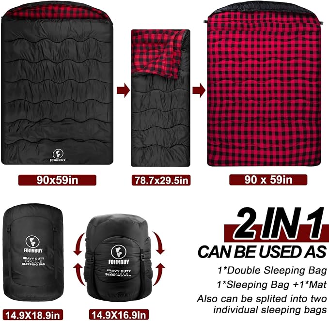 0 Degree Flannel Double Sleeping Bag for Adults, Couples or Family - Winter Queen Size Waterproof & Warm 2-Person Sleeping Bag for Cold Weather Camping, RV Travel