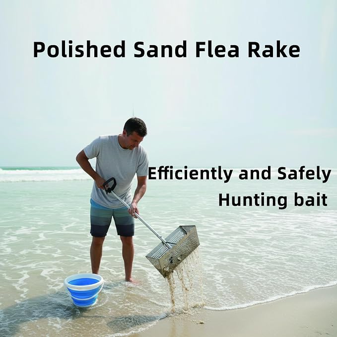 Sand Fleas Rake, 304 Stainless Steel Sand Sifter, Collapsible Shark Tooth Sifter for Beach,Rust-Proof Sand Crab Catcher with Foldable Pail .