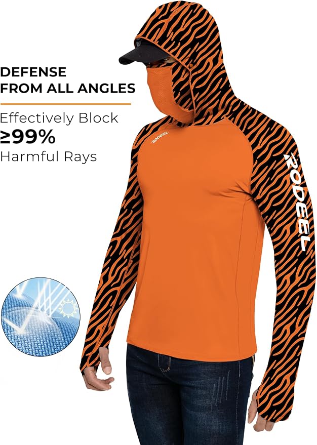 Rodeel Men's UPF 50+ Performance Fishing Hoodie, Long Sleeve Sun Protection Athletic Quick-Dry Breathable T-Shirt