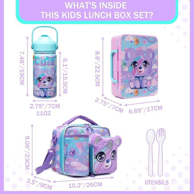 Kids Bento Lunch Box with 6 Compartments Girls Lunch Box with Lunch Bag,Stainless Steel Water Bottle,Ice Pack & Utensils Set,Birthday Gifts for Ages 3-12 Back to School Toddler Girls