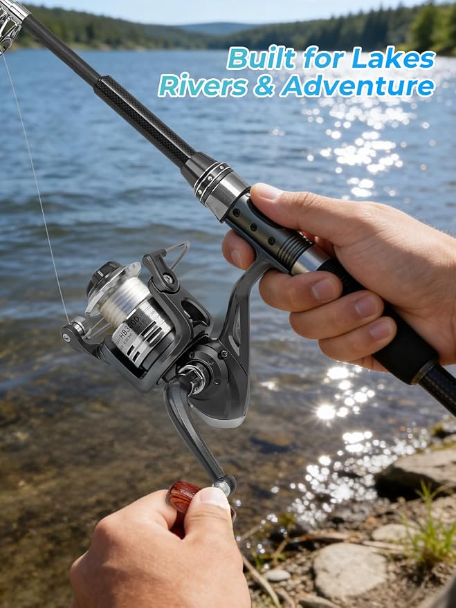 Jenseits 6Ft Spinning Fishing Rod Reel Combo, Freshwater Telescopic Kit | 5.2:1 Spinning Reel, Carbon Fiber Telescopic Rod, Includes Lures, Line & Carry Bag, Fish Gripper & Pliers for Beginner Angler