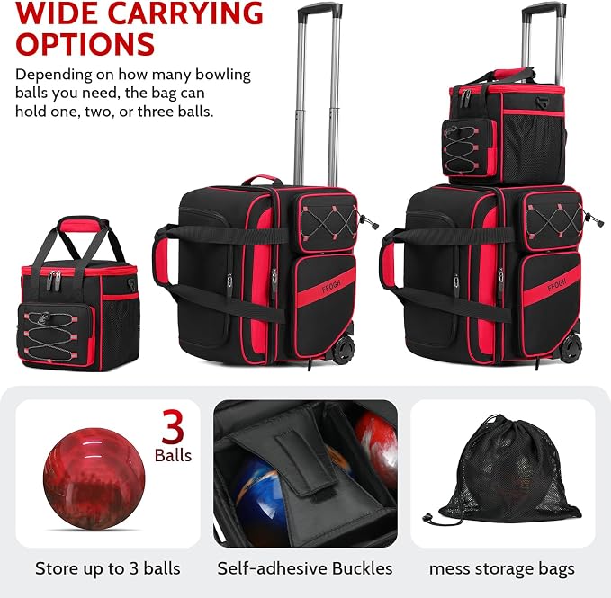 3 Ball Bowling Bag with Wheels, 2+1 Bowling Ball Bags Double Roller with Single Bowling Tote for Accessories, Multi-Pockets & Shoe Compartment (Fits Up to Size 15)