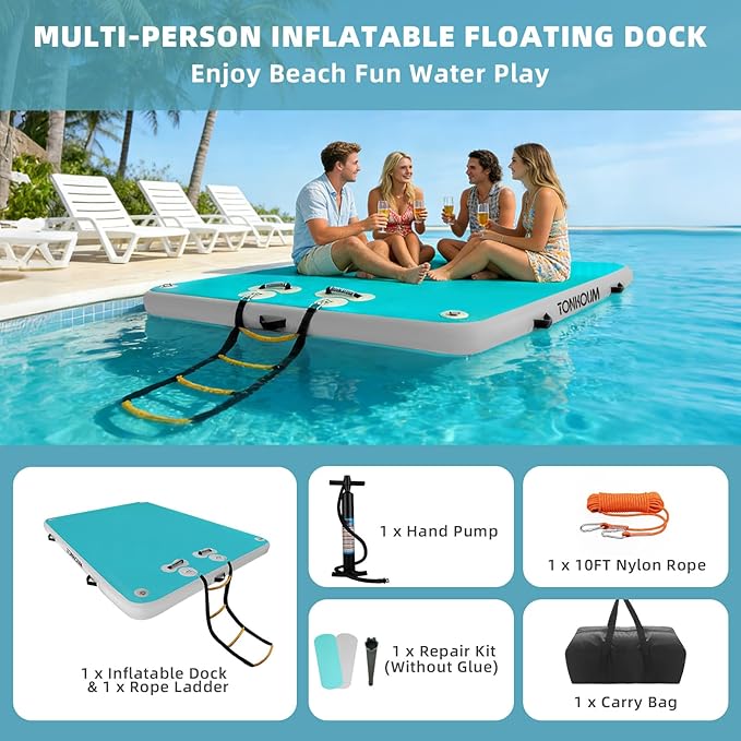 5ft/6ft/8ft/10ft Floating Dock Water Platform, Multi-People Inflatable Floating Mat, Dock Platform for Lake/Boats/Island/Swimming Pool