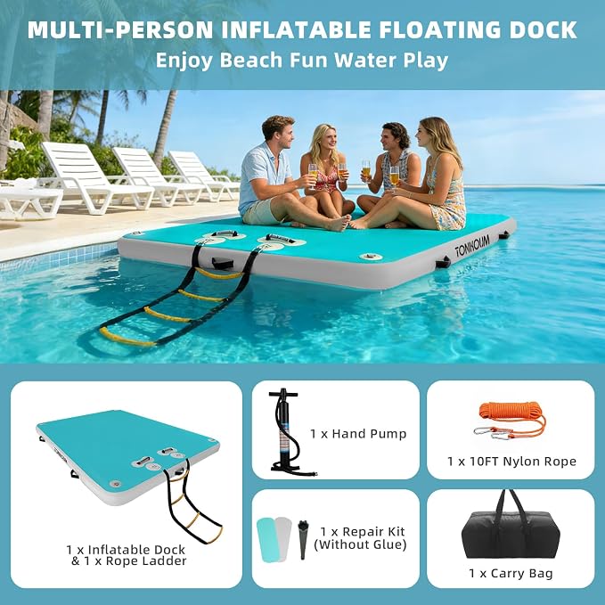 5ft/6ft/8ft/10ft Floating Dock Water Platform, Multi-People Inflatable Floating Mat, Dock Platform for Lake/Boats/Island/Swimming Pool