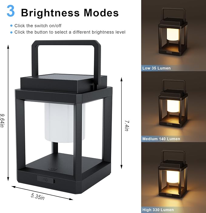 Outdoor Table Lamp, 3-Level Brightness LED Solar Table Lamp, Solar Lanterns Outdoor Waterproof Hanging for Patio Walking Reading Camping