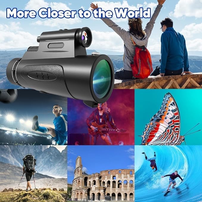 Monocular Telescope with Lights HD Monoculars 80x100 for Adults High Powered Monocularwith Smartphone Holder & Tripod, Handheld Telescope Suitable for Bird Watching Stargazing-Black