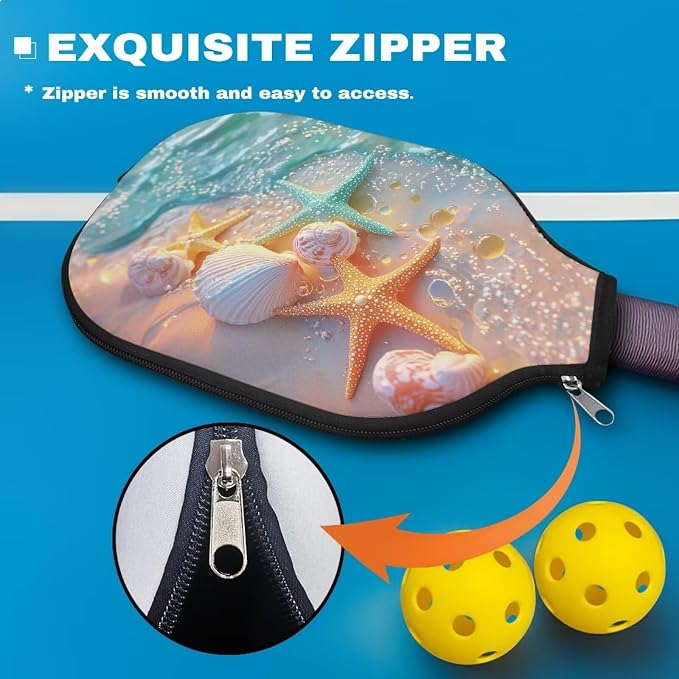 Beach Starfish Seashells Pickleball Paddle Covers Pickle Ball Rackets Cover 2 Pack Pickleball Racket Sleeve Zippered Paddle Case for Most Standard Pickball Paddles Birthday Gifts