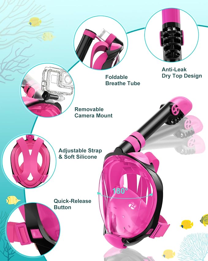 Viginsul Mask Fins Snorkeling Gear for Adults, Full Face Snorkel Mask & Adjustable Swim Fins Snorkel Set, Panoramic View Snorkel Mask Dry Top Anti-Fog Anti-Leak