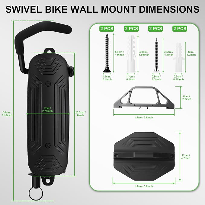 Heavy Duty Bike Wall Mount, Swivel Space-Saving Bike Rack for Garage, Sturdy Bike Hangers Holds Up to 66lbs, Vertical Bicycle Storage Rack, Easy to Install